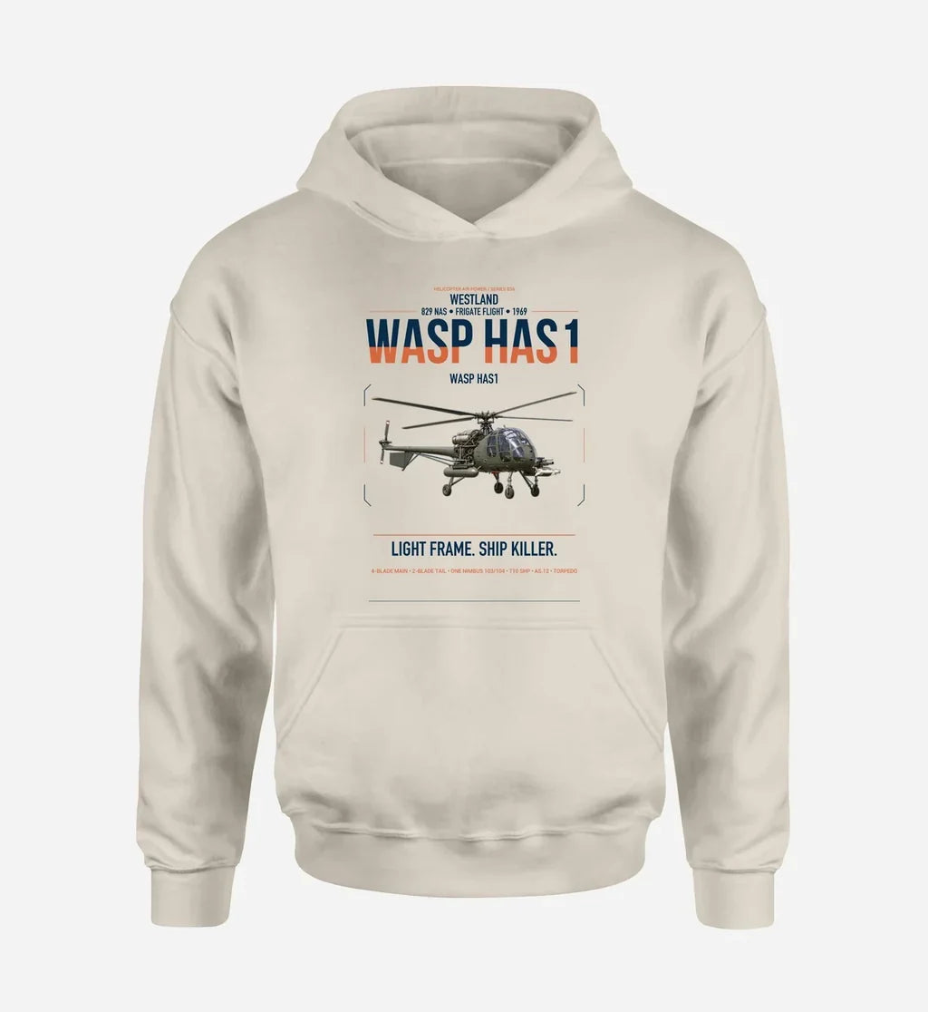 Westland Wasp HAS1 design on khaki double-side hoodie, single-side print