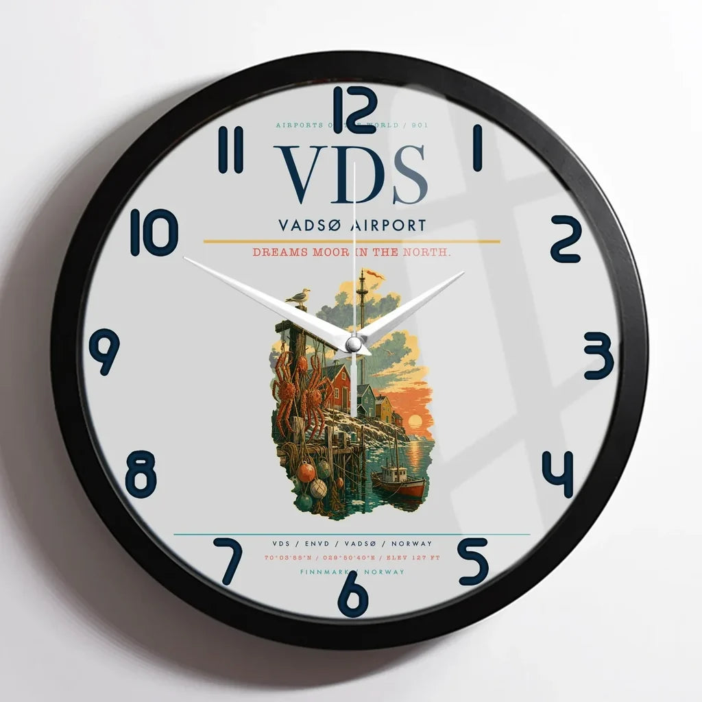 Vadsø Airport (VDS) design on light gray framed wall clock