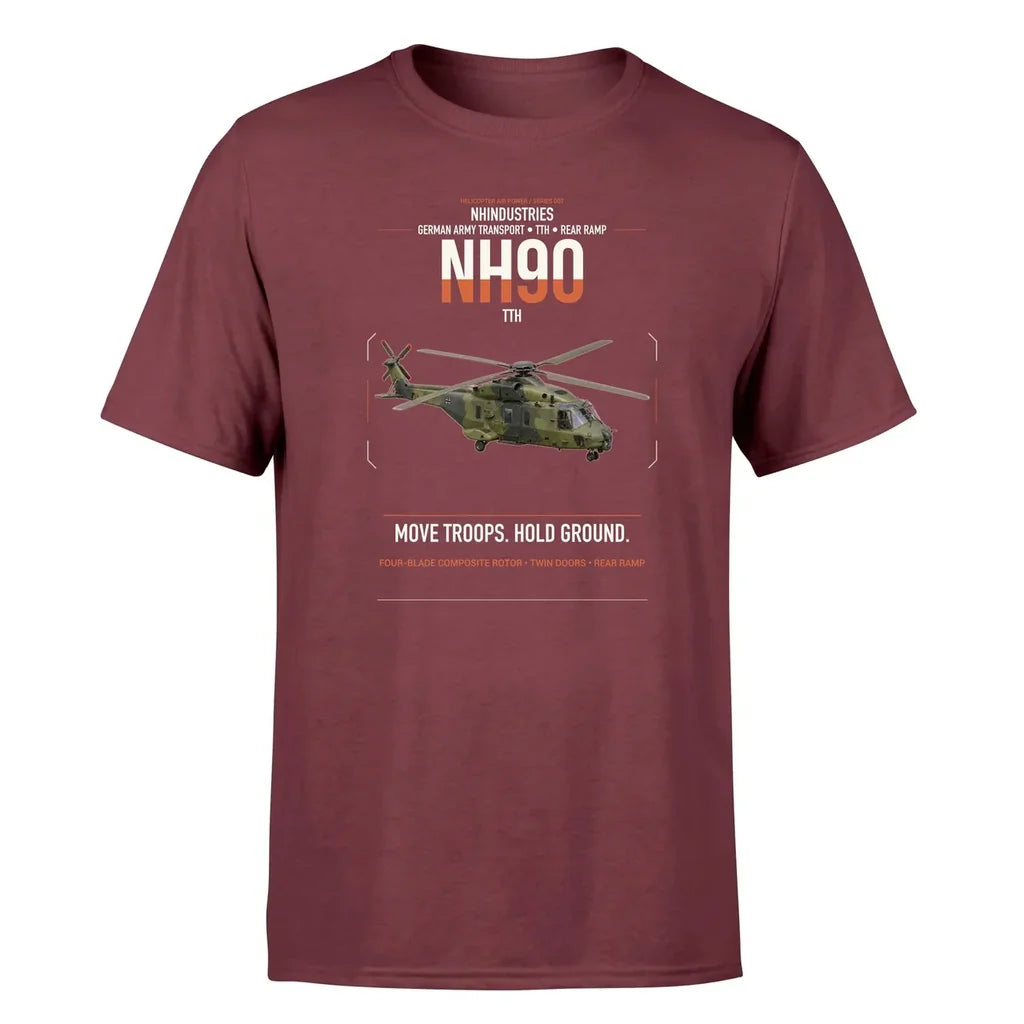 NHIndustries NH90 TTH design on dark red t-shirt, single-side print