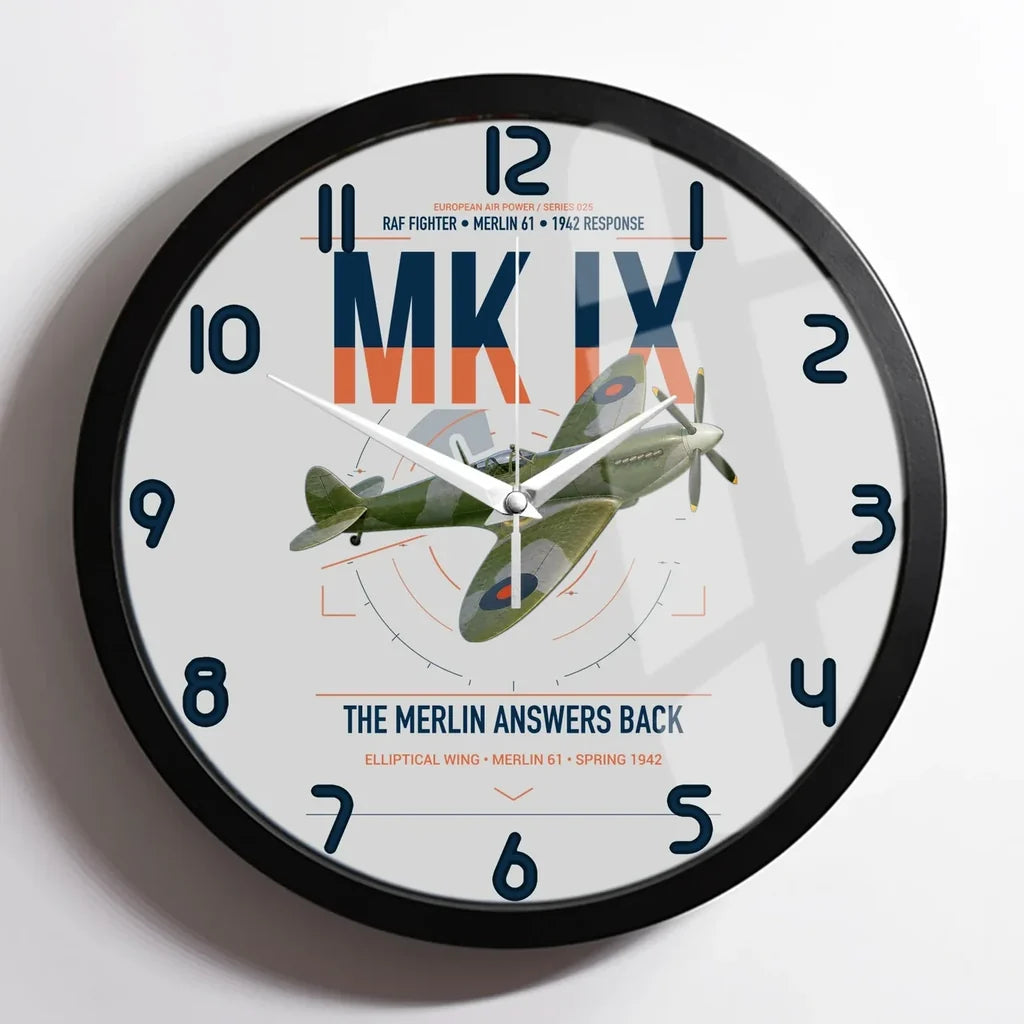 Supermarine Spitfire Mk IX design on light gray framed wall clock
