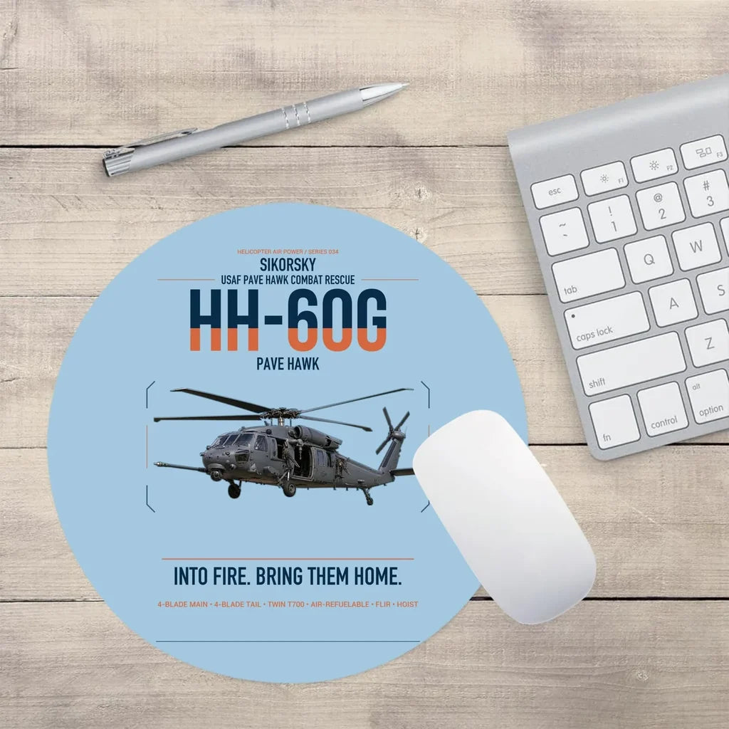 Sikorsky HH-60G Pave Hawk design on light blue round mouse pad