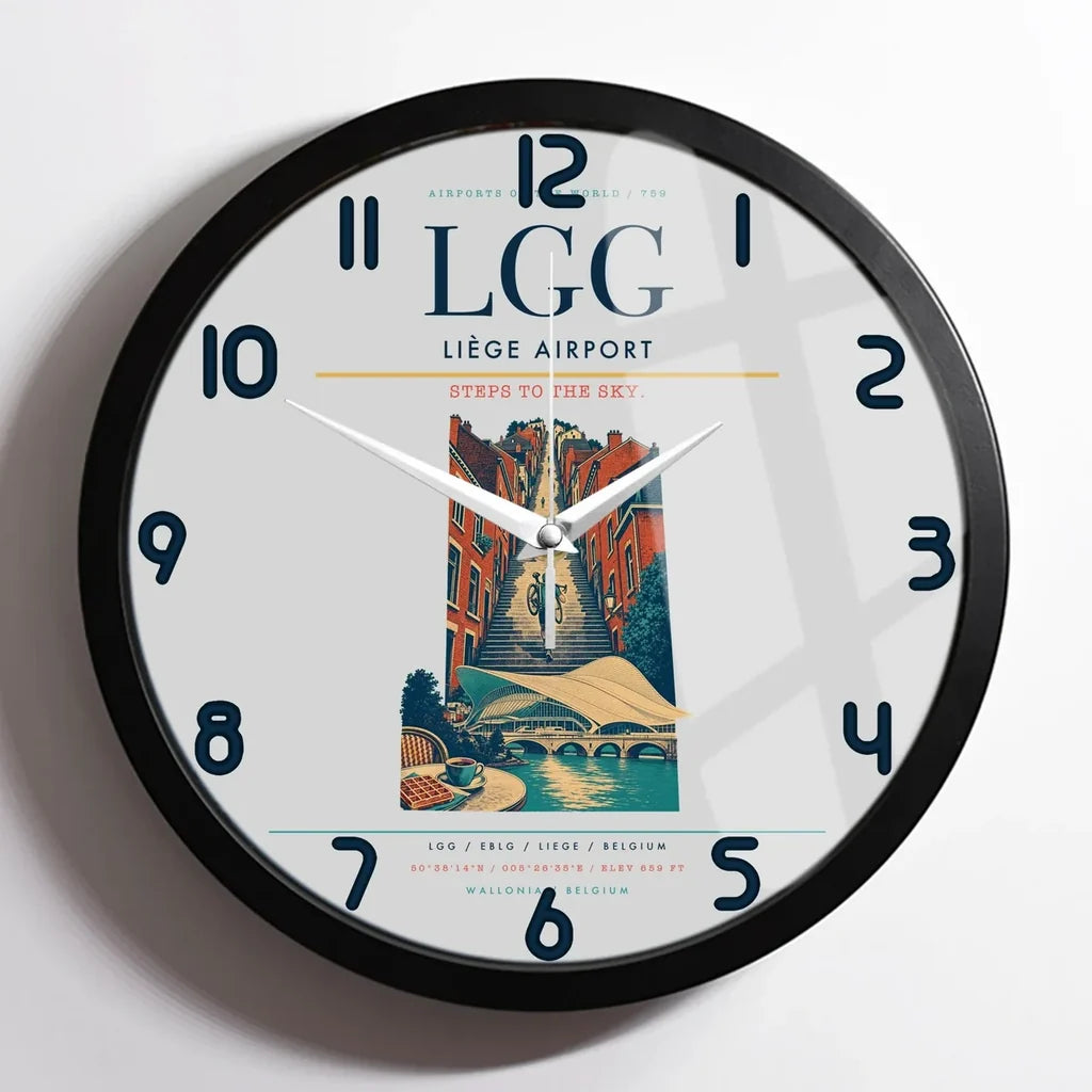 Liège Airport (LGG) design on light gray framed wall clock