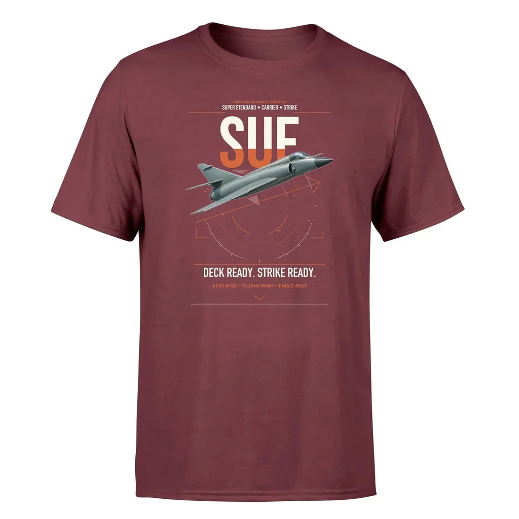 Dassault Super Étendard design on dark red t-shirt, single-side print