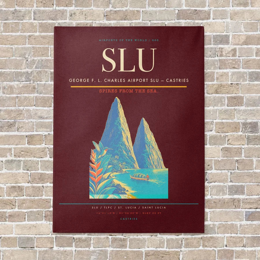 George F. L. Charles Airport SLU — Castries vertical canvas print - no frame - dark red background