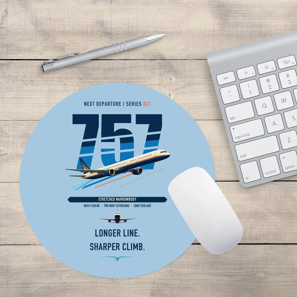 Boeing 757-300 design on light blue round mouse pad