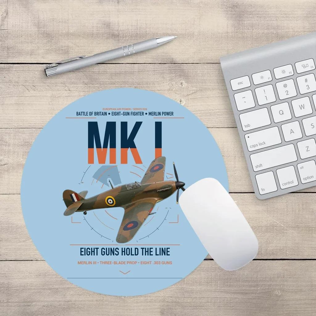Hawker Hurricane Mk I design on light blue round mouse pad