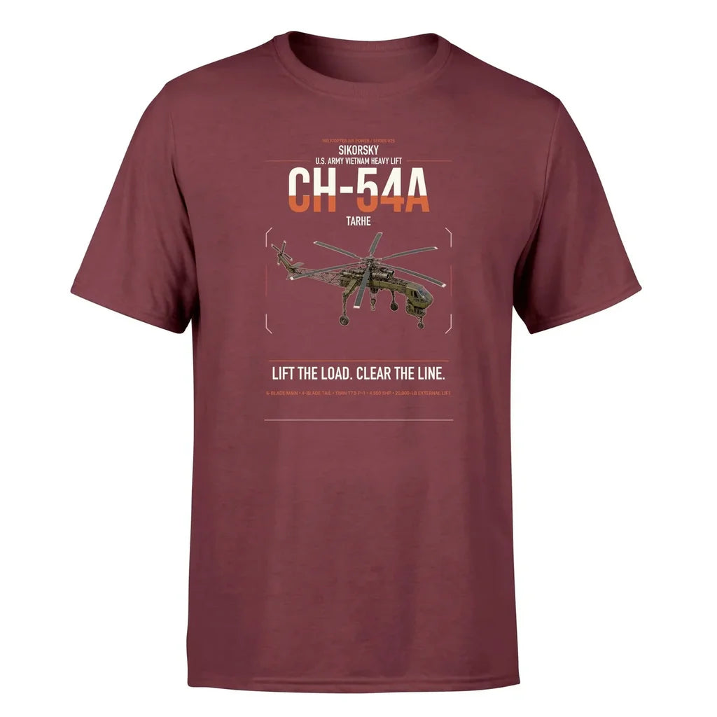 Sikorsky CH-54A Tarhe design on dark red t-shirt, single-side print
