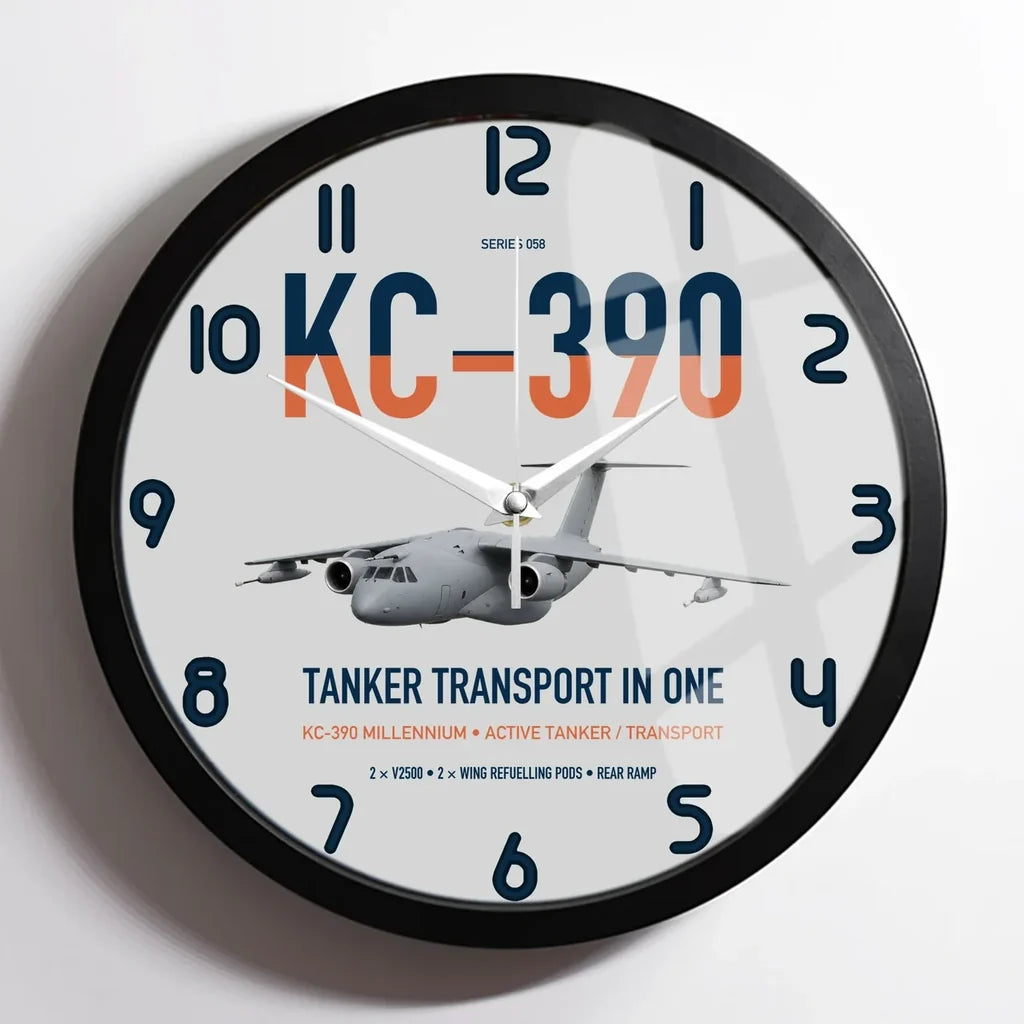 Embraer KC-390 Millennium design on light gray framed wall clock