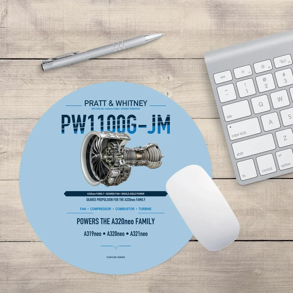 PW1100G-JM design on light blue round mouse pad