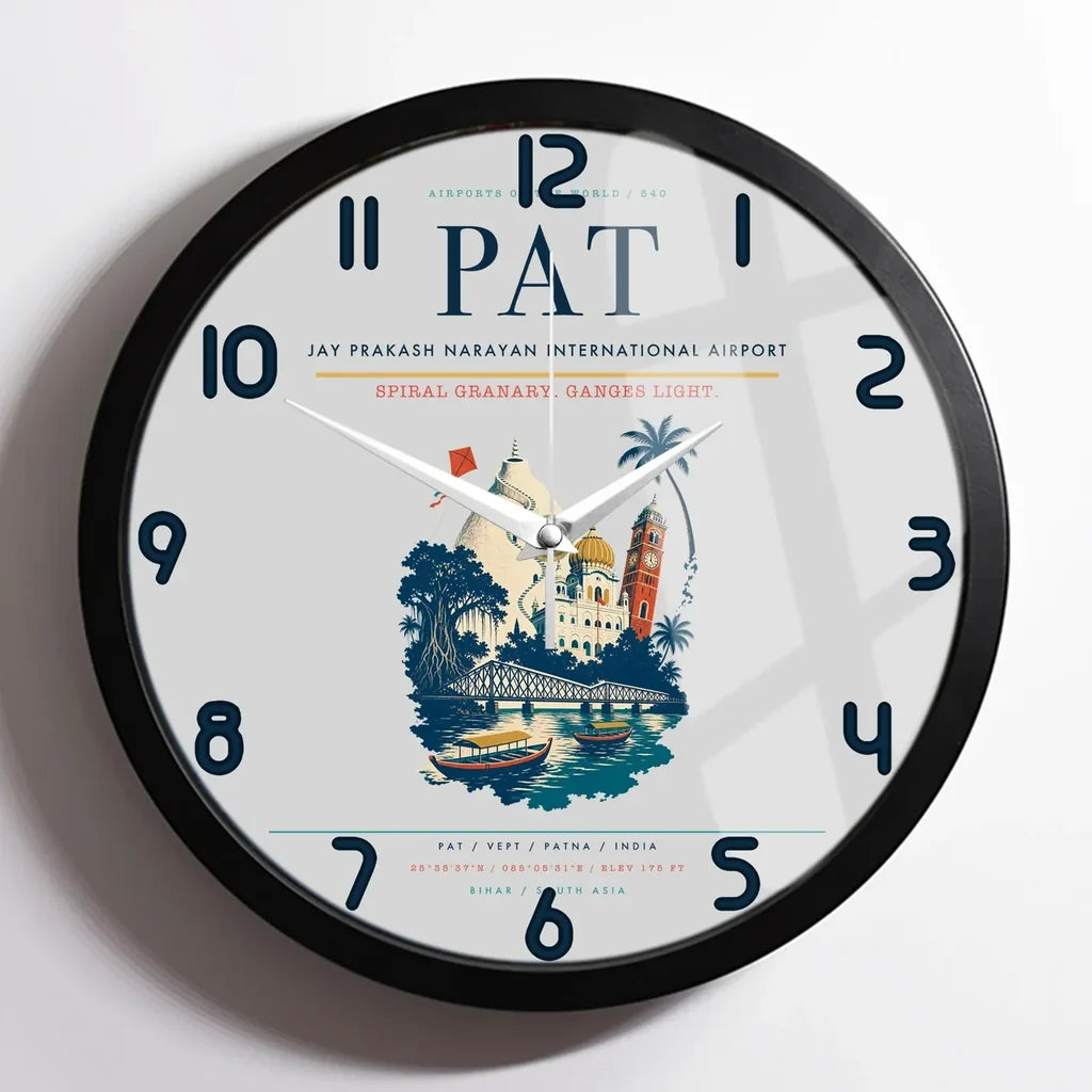 Jay Prakash Narayan International Airport (PAT) design on light gray framed wall clock