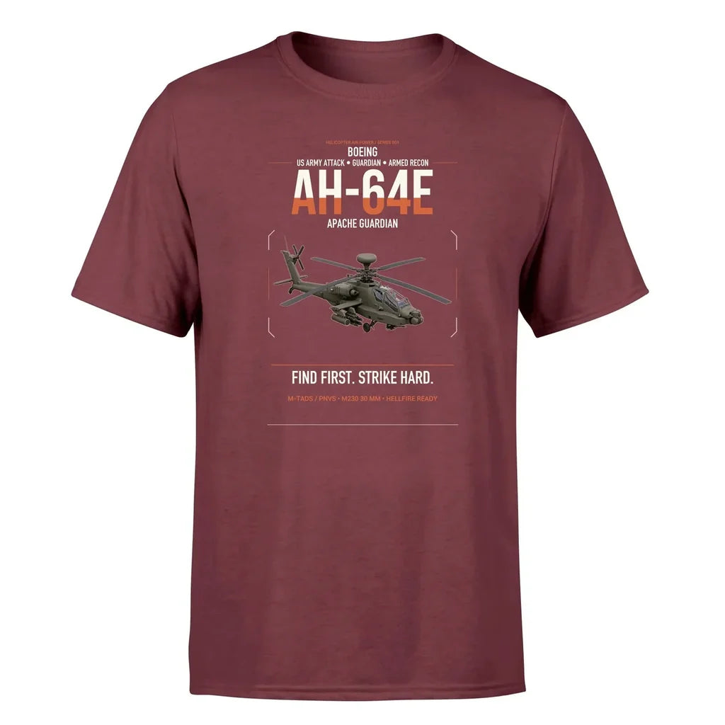 Boeing AH-64E Apache Guardian design on dark red t-shirt, single-side print