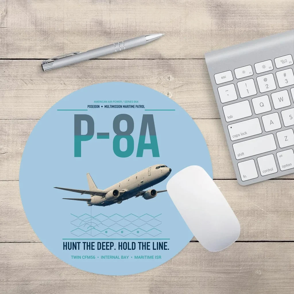 P-8A Poseidon design on light blue round mouse pad
