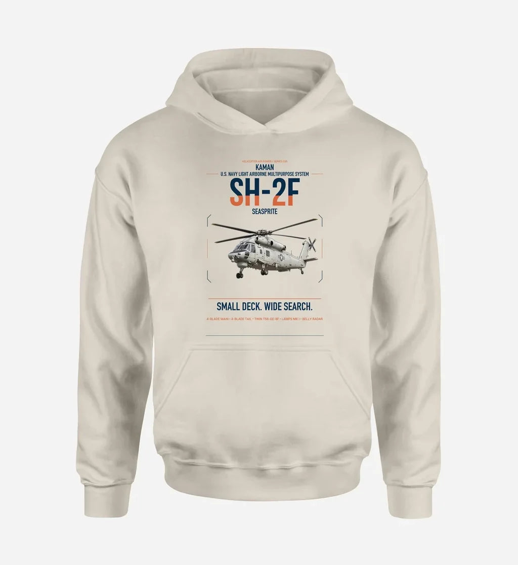 Kaman SH-2F Seasprite design on khaki double-side hoodie, single-side print