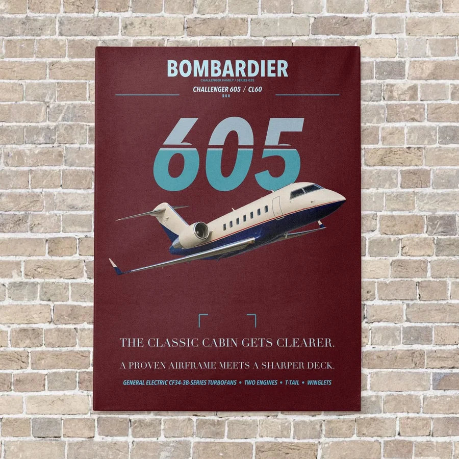 Bombardier Challenger 605 vertical canvas print - no frame - dark red background