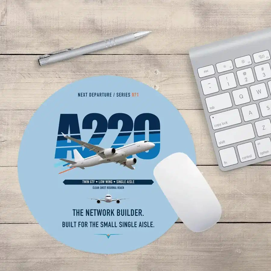 Airbus A220-300 design on light blue round mouse pad