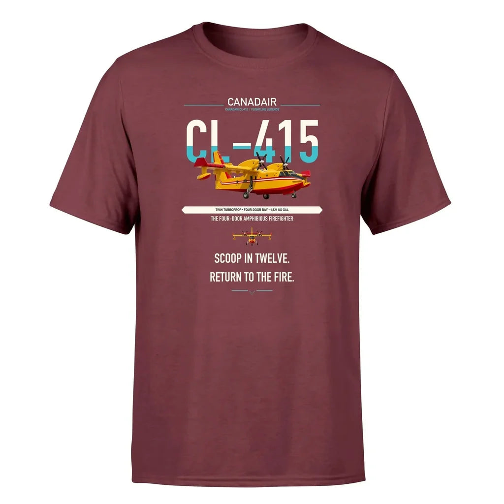 Canadair CL-415 design on dark red t-shirt, single-side print