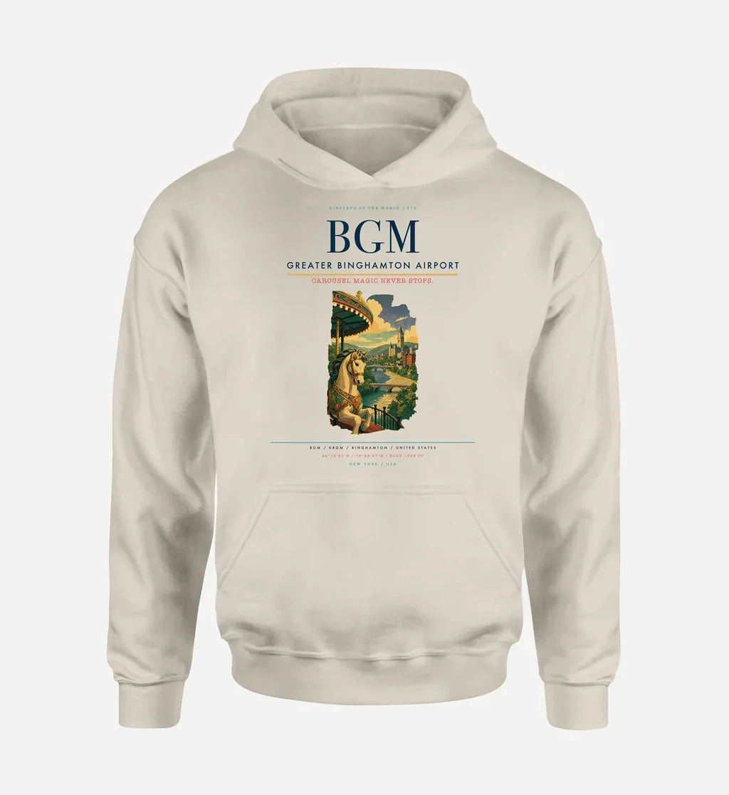 Greater Binghamton Airport (BGM) design on khaki hoodie single-side print