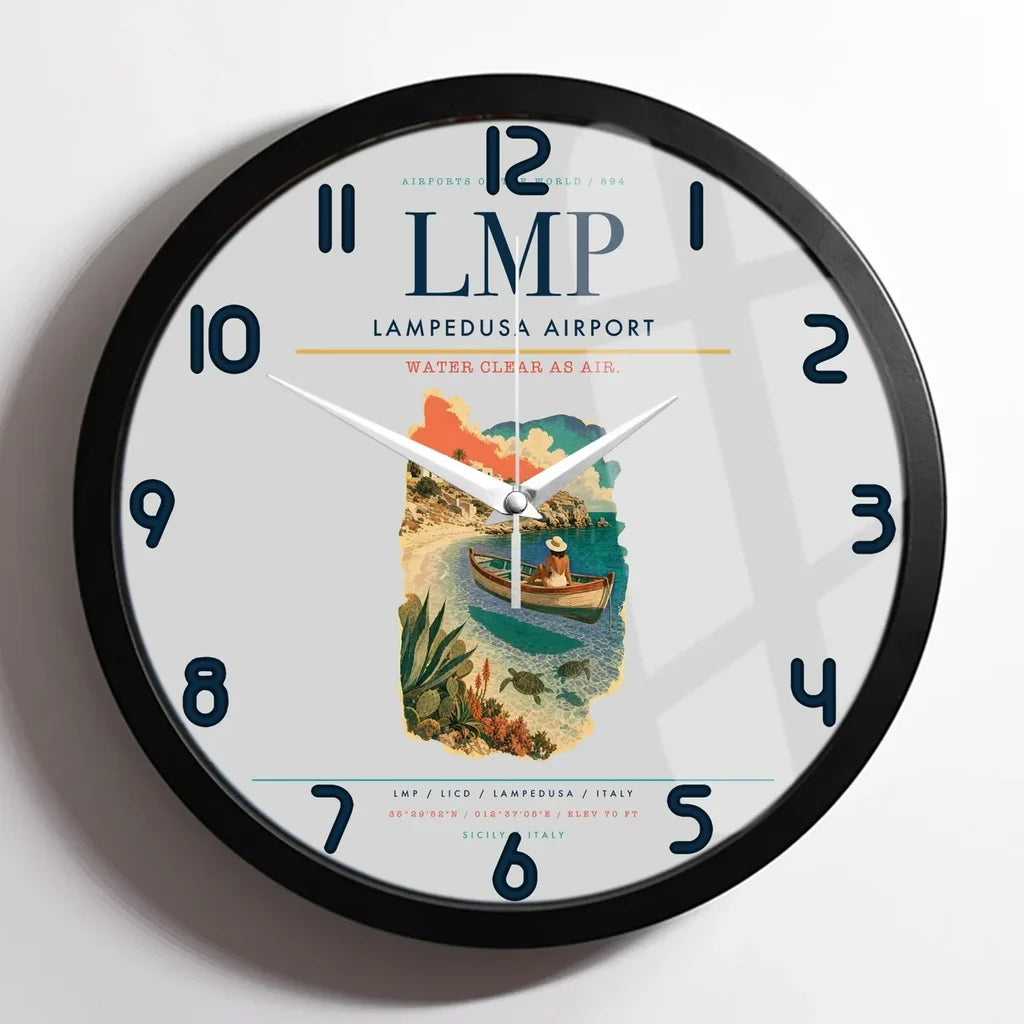 Lampedusa Airport (LMP) design on light gray framed wall clock
