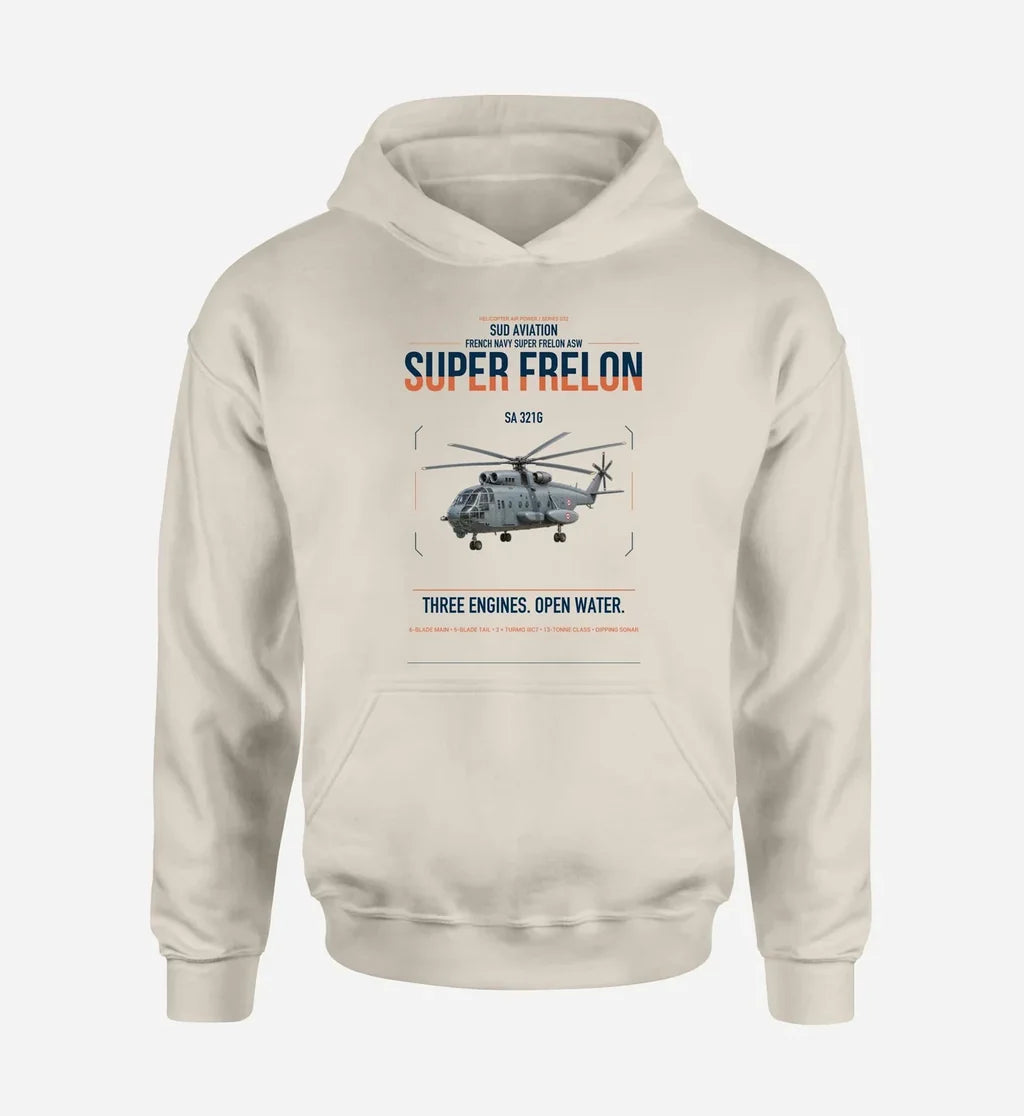 Sud Aviation SA 321G Super Frelon design on khaki double-side hoodie, single-side print