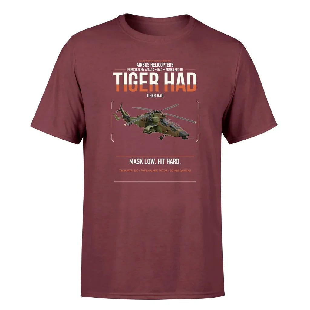 Airbus Helicopters Tiger HAD design on dark red t-shirt, single-side print