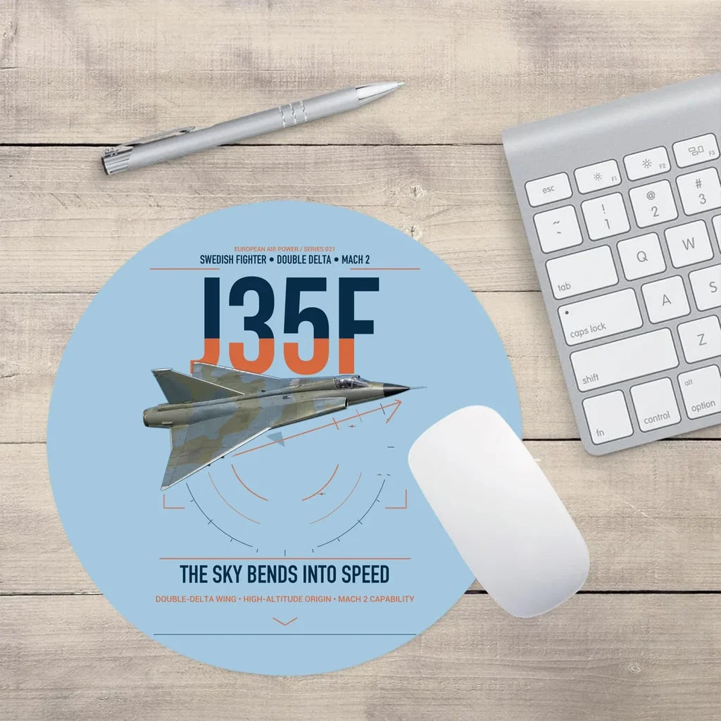 Saab J 35F Draken design on light blue round mouse pad