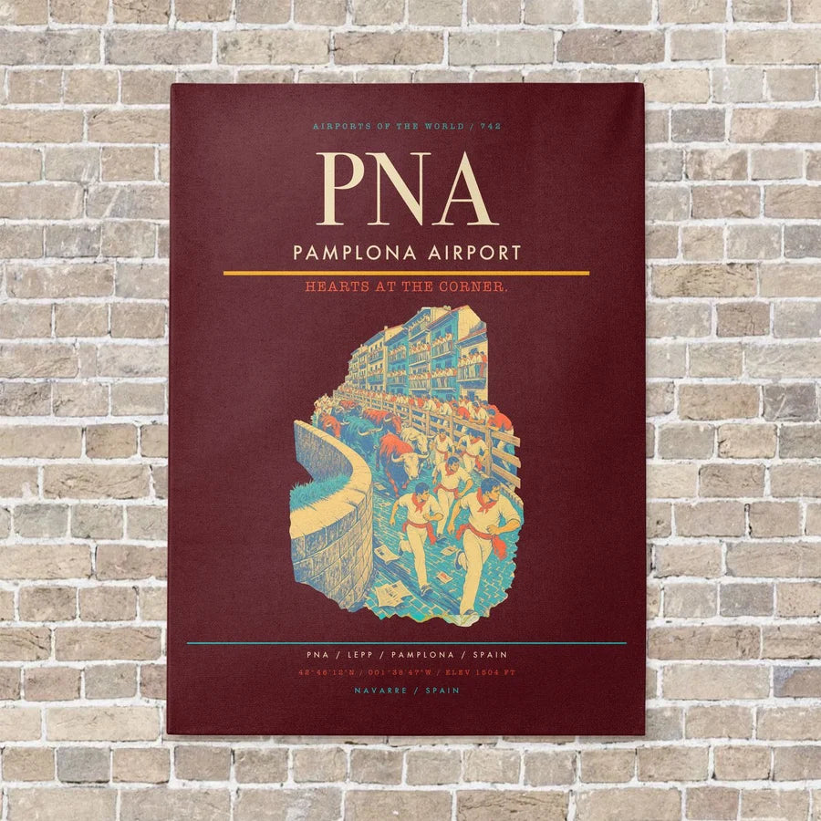 Pamplona Airport PNA vertical canvas print - no frame - dark red background