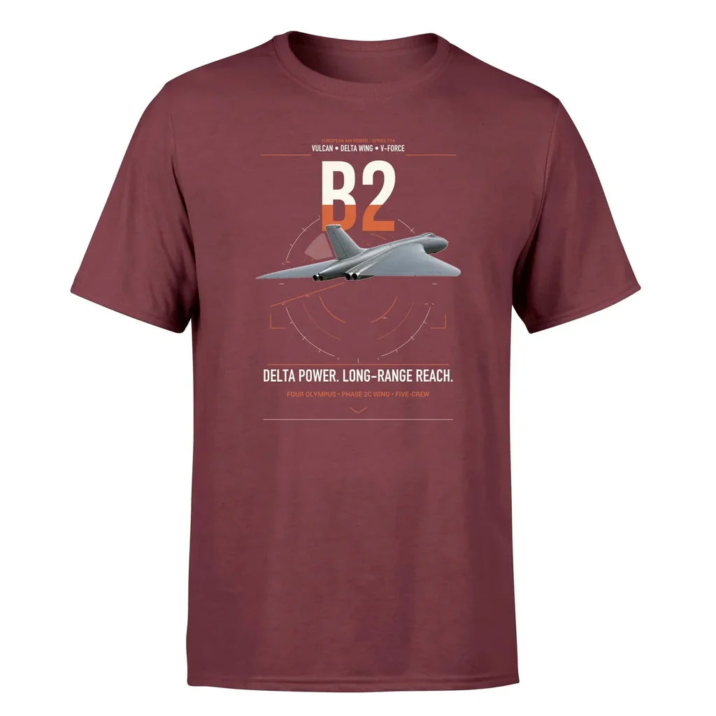 Avro Vulcan B2 design on dark red t-shirt, single-side print