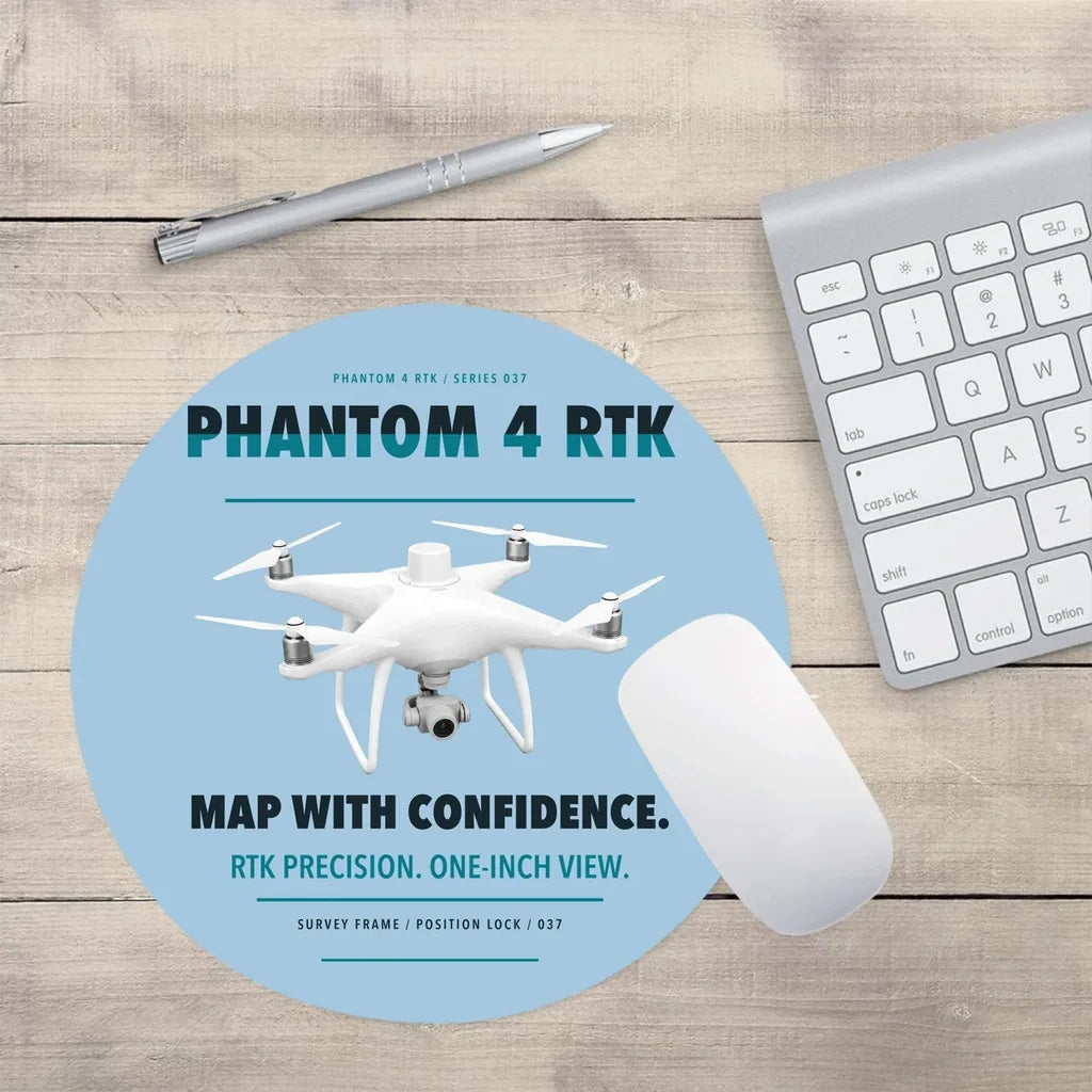 DJI Phantom 4 RTK design on light blue round mouse pad