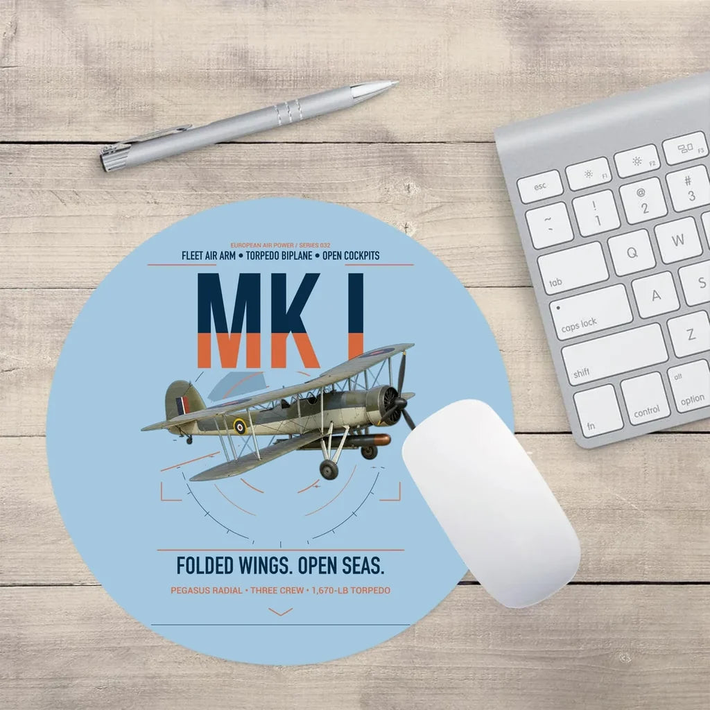 Fairey Swordfish Mk I design on light blue round mouse pad