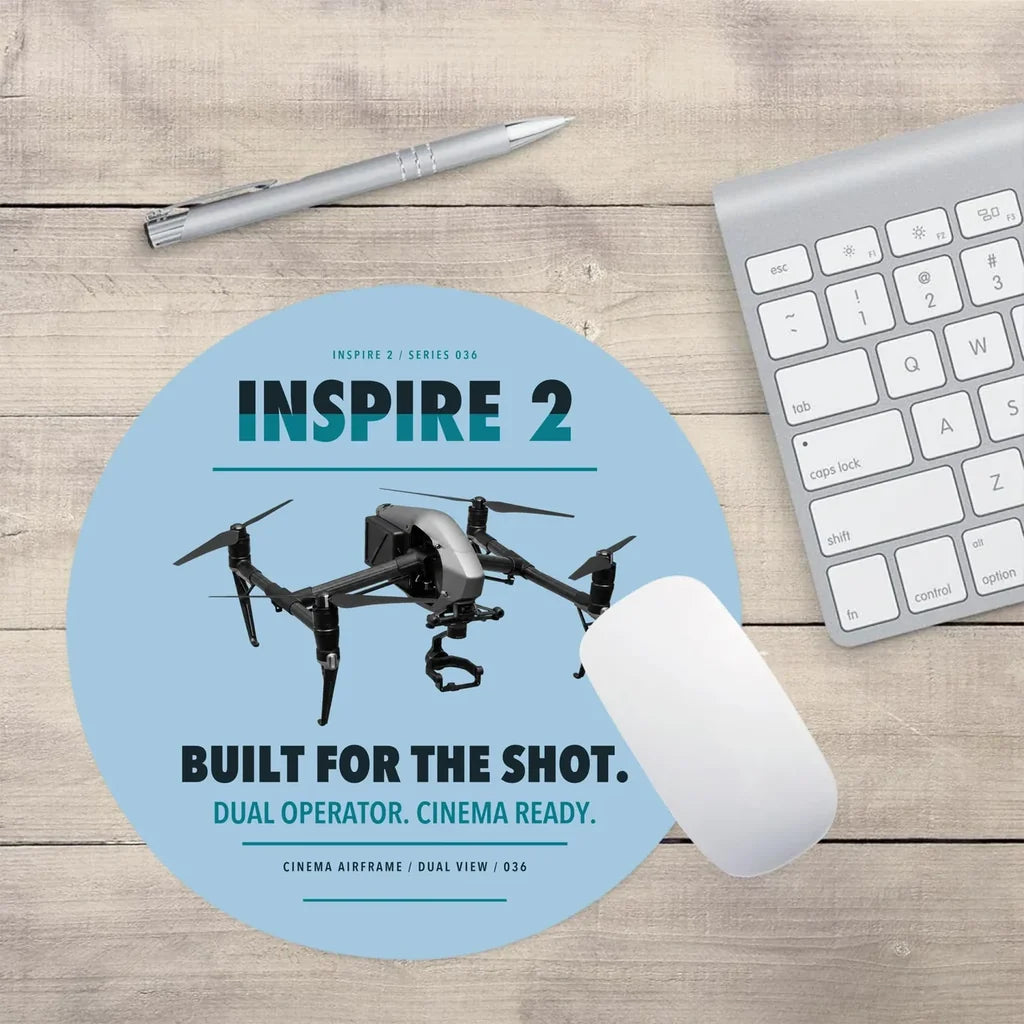 DJI Inspire 2 design on light blue round mouse pad