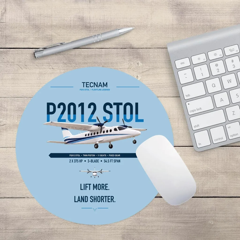 Tecnam P2012 STOL design on light blue round mouse pad