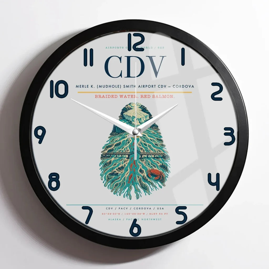 Merle K. (Mudhole) Smith Airport (CDV) design on light gray framed wall clock