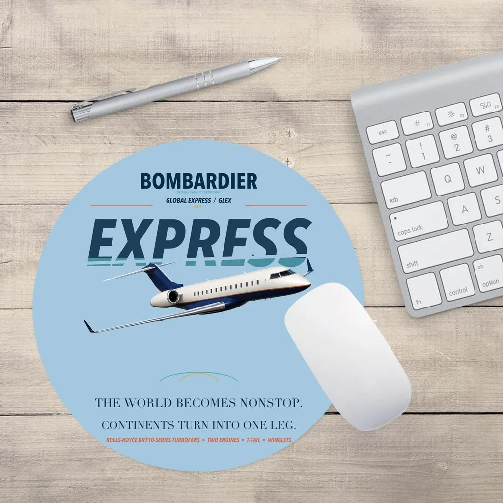 Bombardier Global Express design on light blue round mouse pad