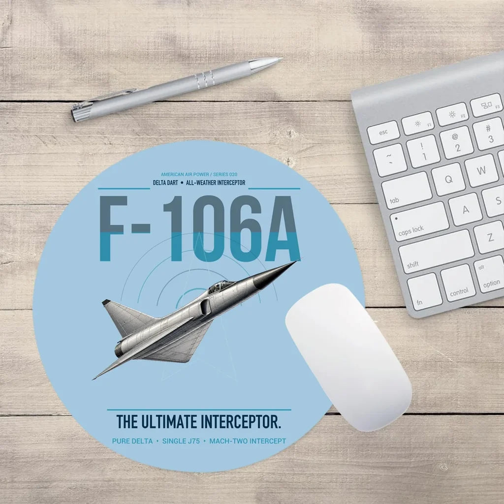 F-106A Delta Dart design on light blue round mouse pad