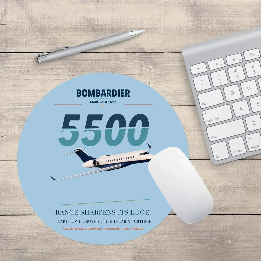Bombardier Global 5500 design on light blue round mouse pad