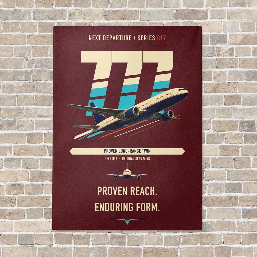 Boeing 777-200ER vertical canvas print - no frame - dark red background