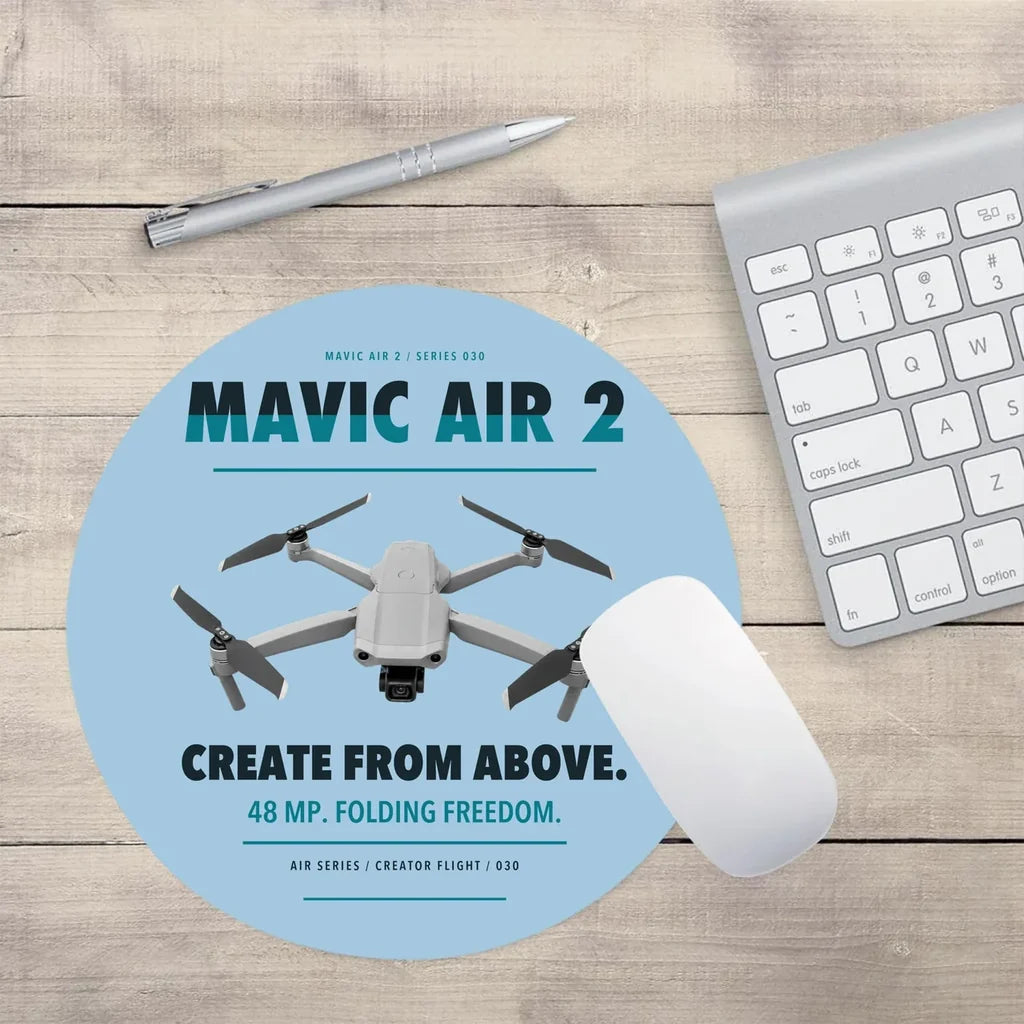 DJI Mavic Air 2 design on light blue round mouse pad