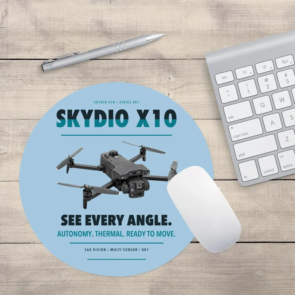 Skydio X10 design on light blue round mouse pad