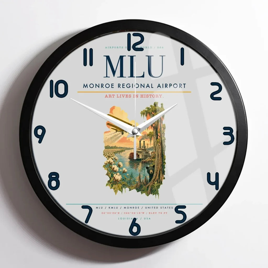 Monroe Regional Airport (MLU) design on light gray framed wall clock