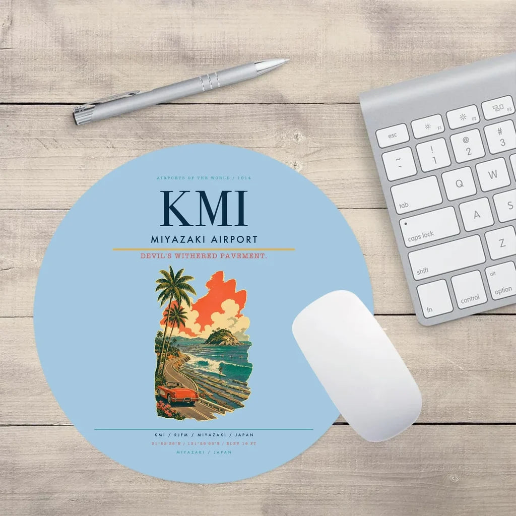 Miyazaki Airport (KMI) design on light blue round mouse pad