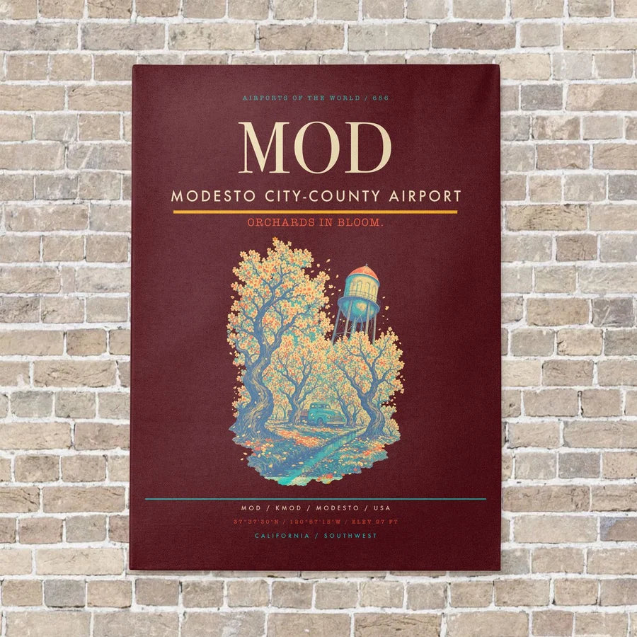Modesto City-County Airport MOD vertical canvas print - no frame - dark red background