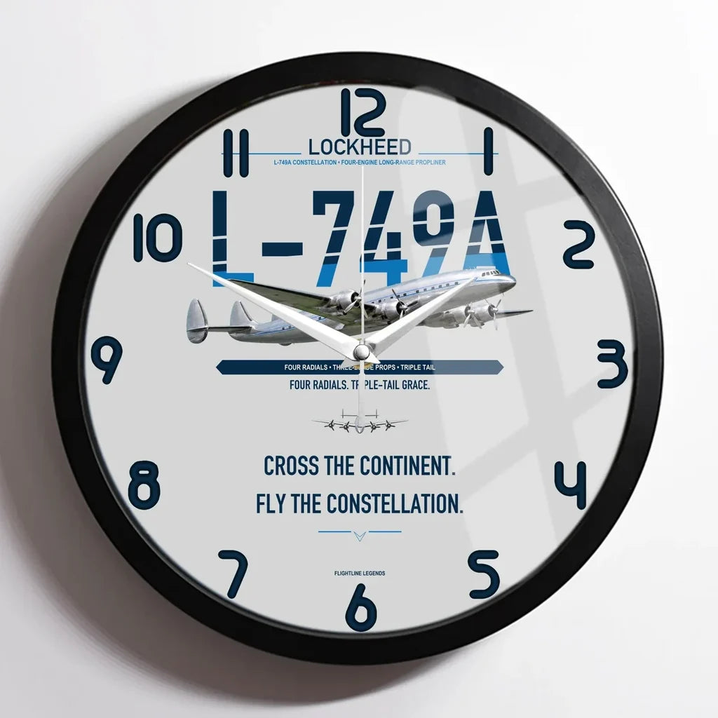 Lockheed L-749A Constellation design on light gray framed wall clock