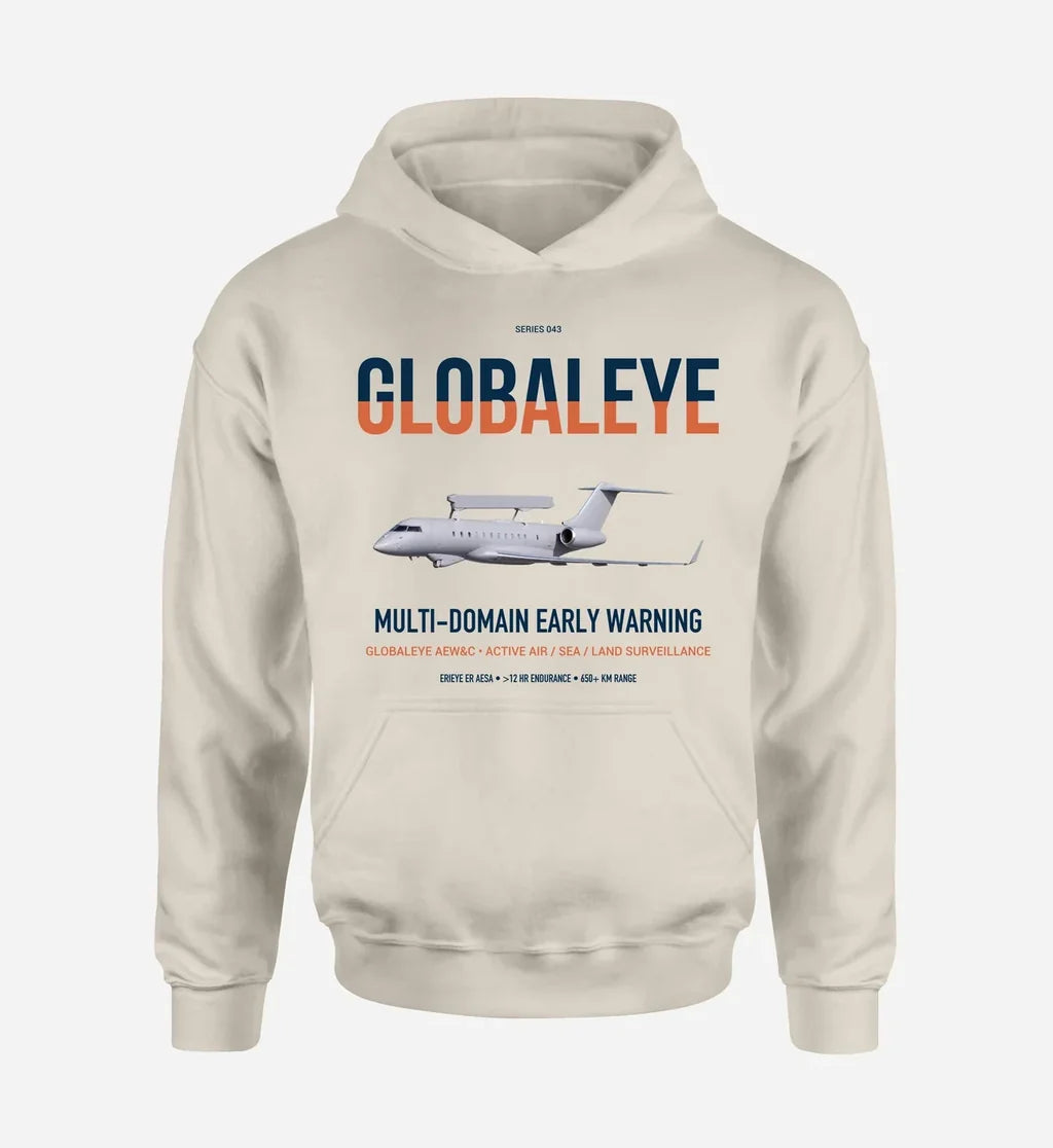 Saab GlobalEye design on khaki double-side hoodie, single-side print