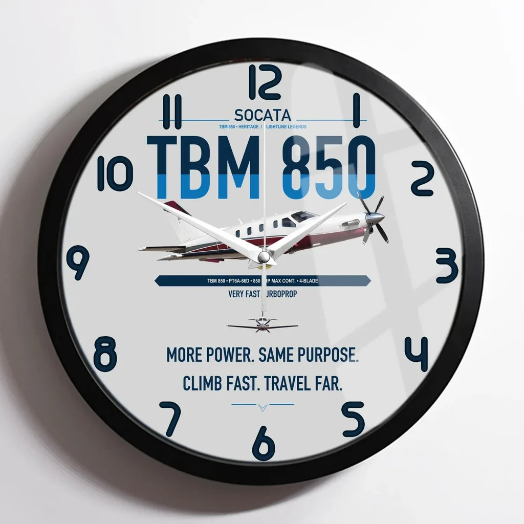 Socata TBM 850 design on light gray framed wall clock