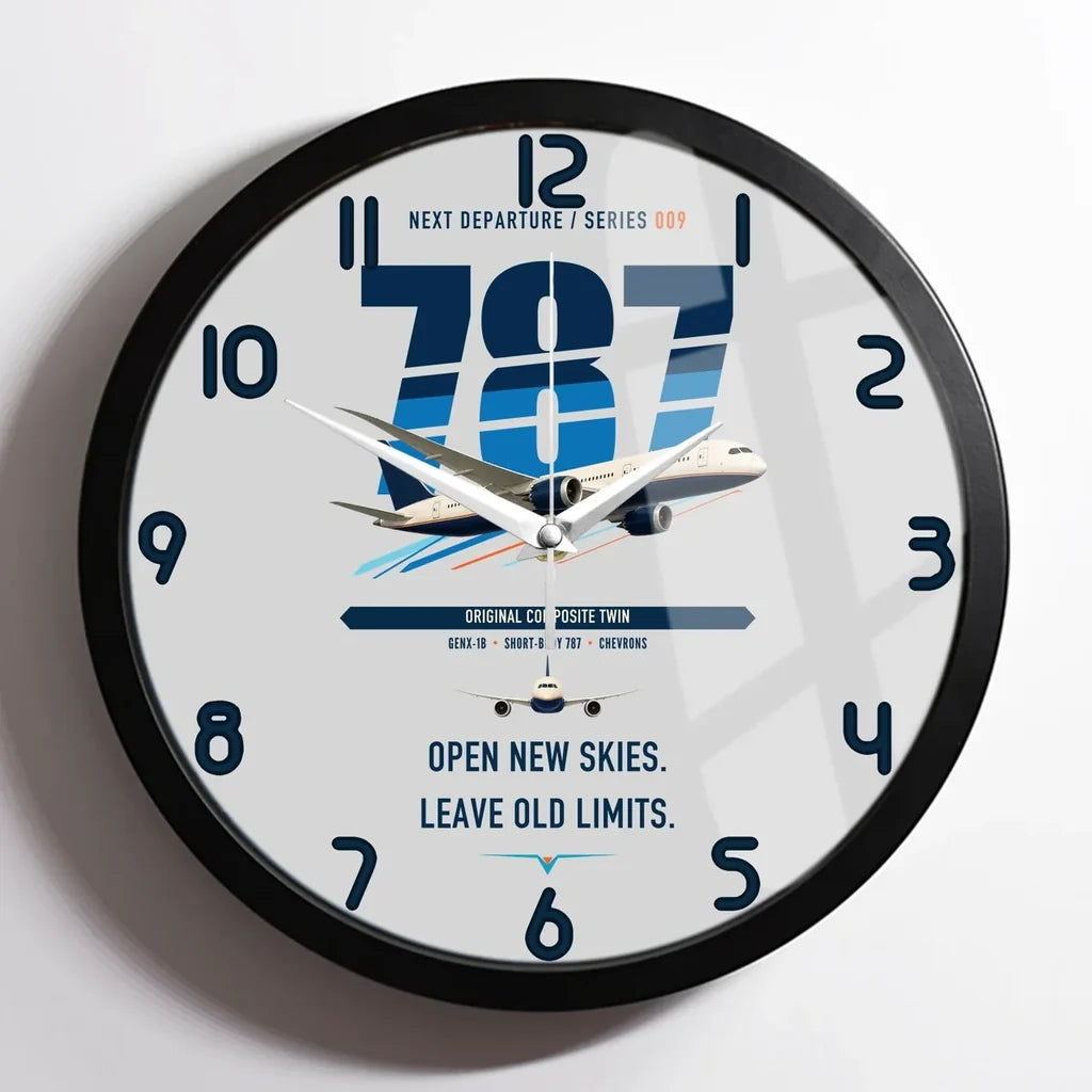Boeing 787-8 Dreamliner design on light gray framed wall clock