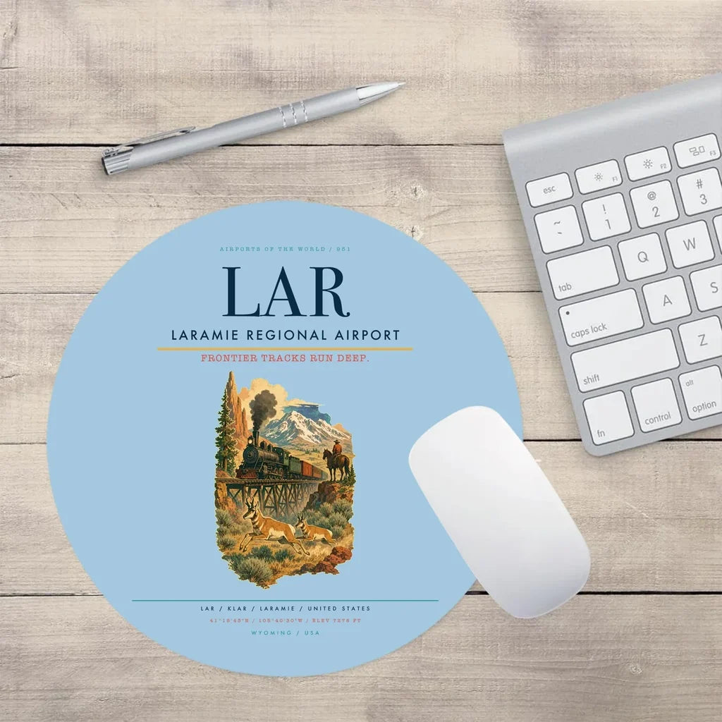 Laramie Regional Airport (LAR) design on light blue round mouse pad