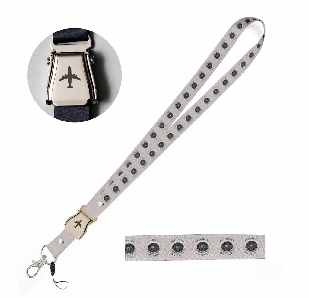 In Thrust We Trust seat belt lanyard - light gray