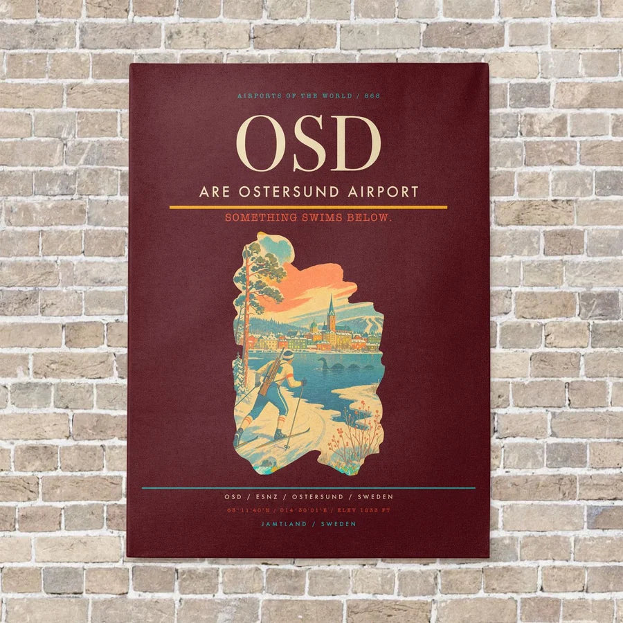 Are Ostersund Airport OSD vertical canvas print - no frame - dark red background