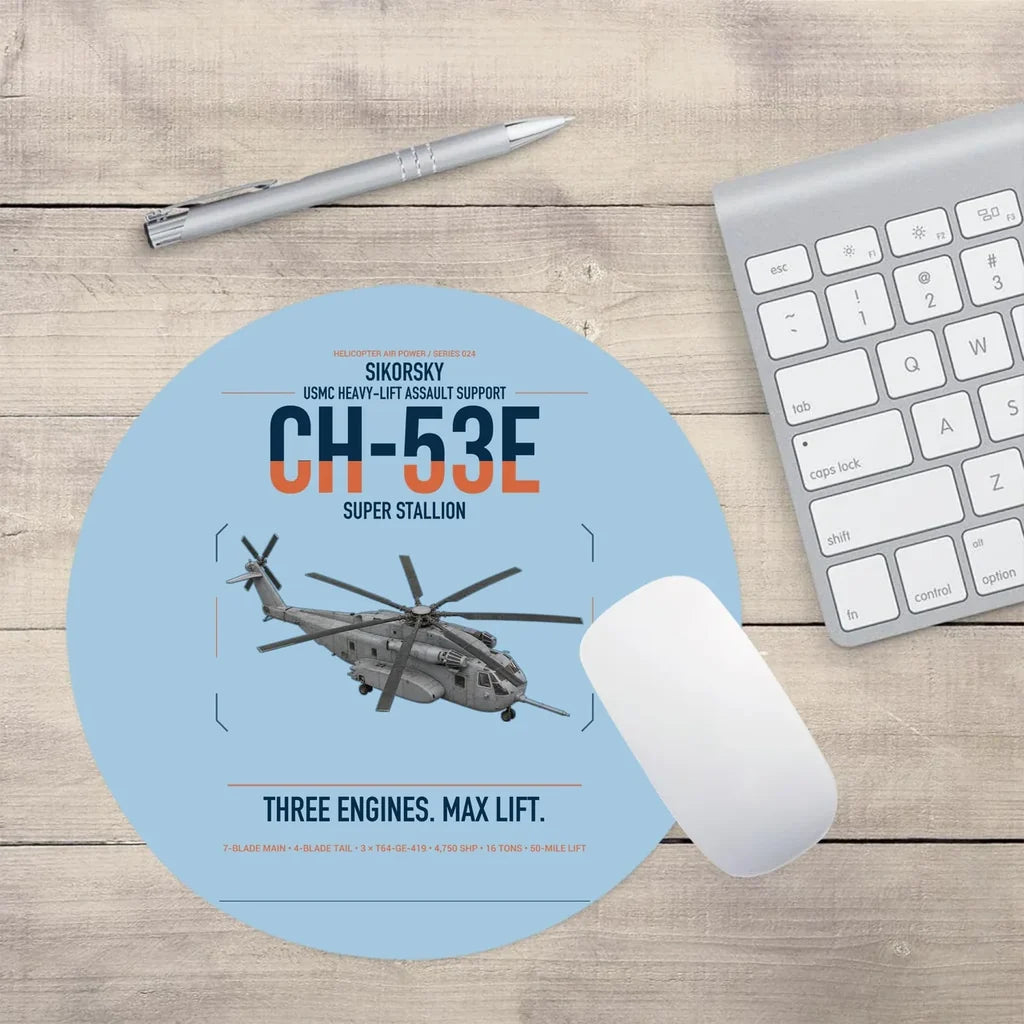 Sikorsky CH-53E Super Stallion design on light blue round mouse pad