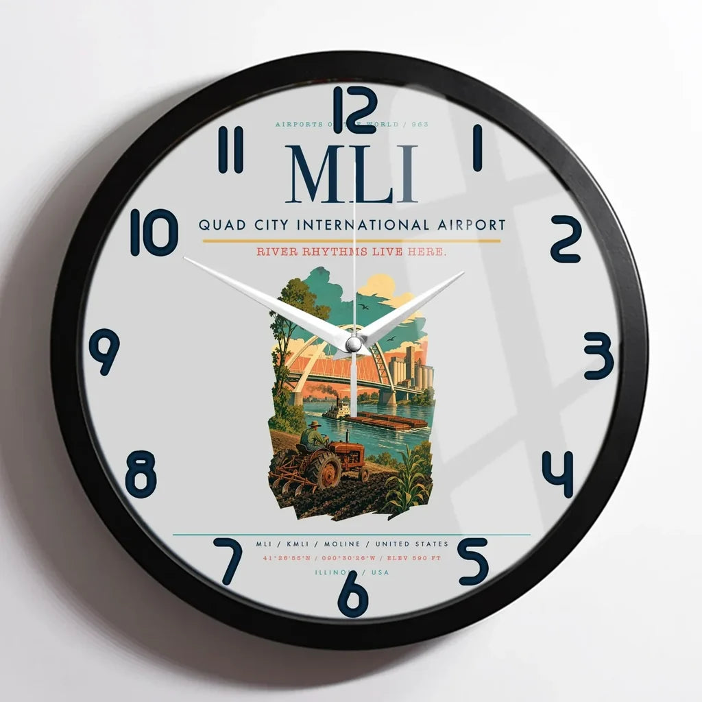 Quad City International Airport (MLI) design on light gray framed wall clock